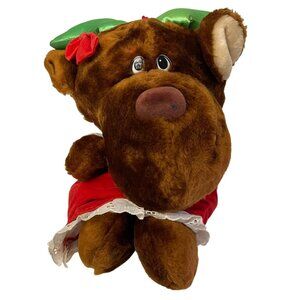 Vintage Plush Reindeer In Holiday Dress With Lace Accents